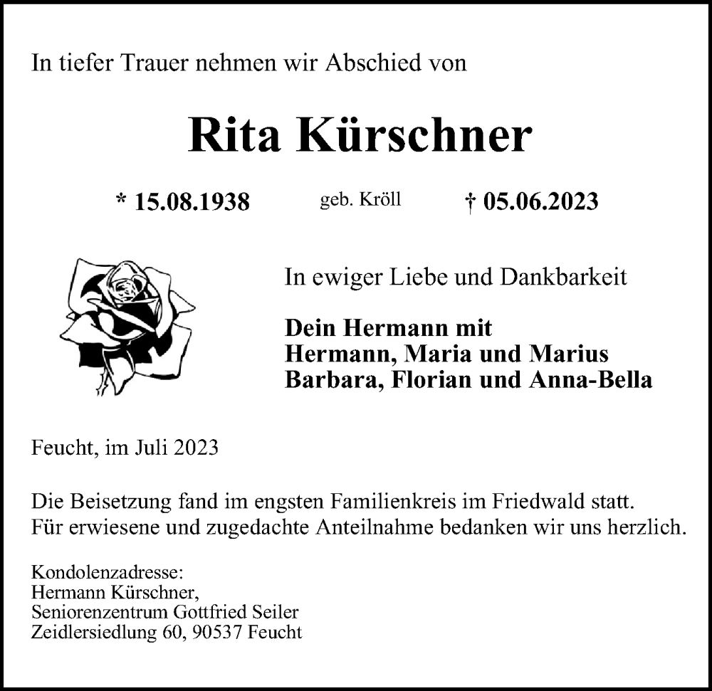  Traueranzeige für Rita Kürschner vom 22.07.2023 aus Salzgitter-Zeitung