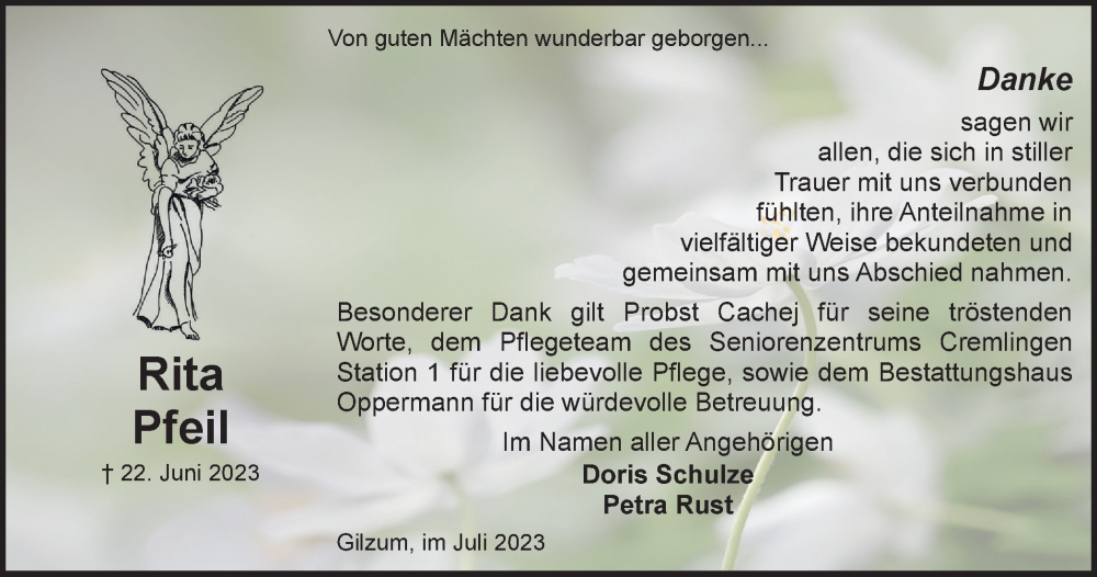  Traueranzeige für Rita Pfeil vom 15.07.2023 aus Braunschweiger Zeitung