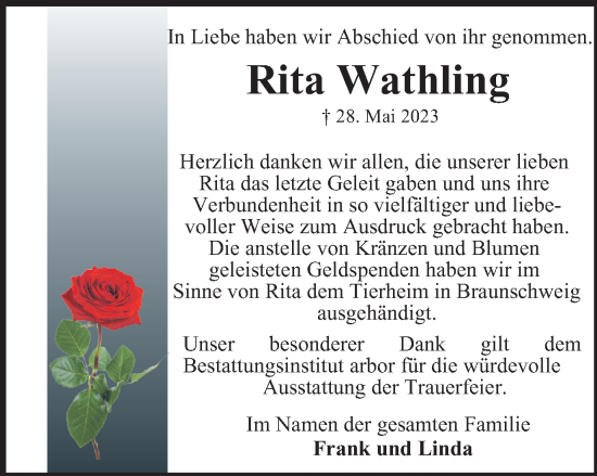 Traueranzeige von Rita Wathling von Braunschweiger Zeitung