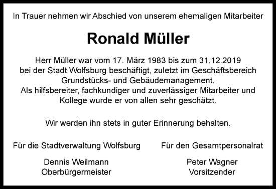 Traueranzeige von Ronald Müller von Wolfsburger Nachrichten