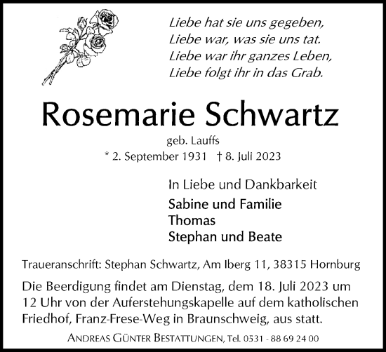 Traueranzeige von Rosemarie Schwartz von Braunschweiger Zeitung
