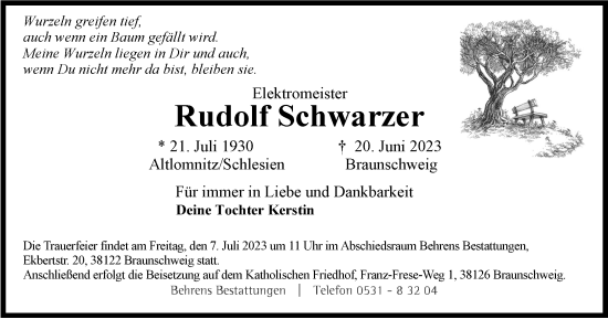 Traueranzeige von Rudolf Schwarzer von Braunschweiger Zeitung