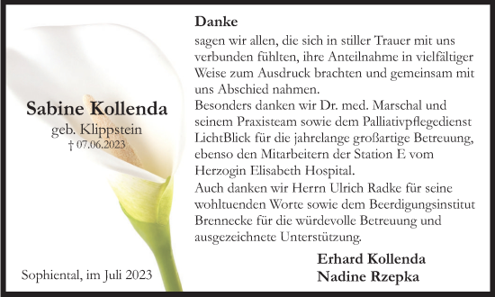 Traueranzeige von Sabine Kollenda von Braunschweiger Zeitung