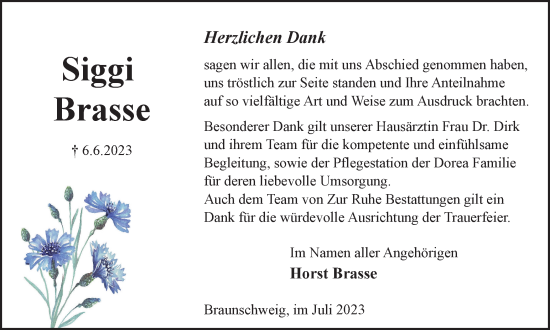 Traueranzeige von Siggi Brasse von Braunschweiger Zeitung