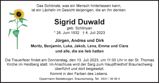 Traueranzeige von Sigrid Duwald von Braunschweiger Zeitung