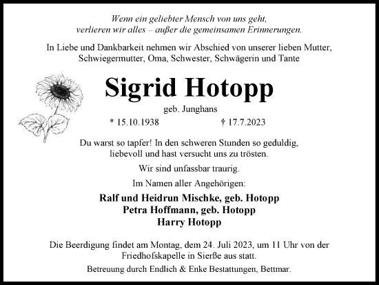 Traueranzeige von Sigrid Hotopp von Braunschweiger Zeitung