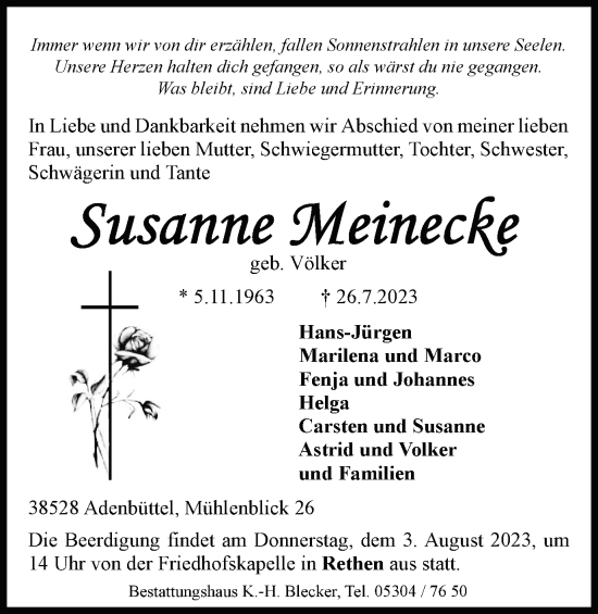 Traueranzeige von Susanne Meinecke von Wolfsburger Nachrichten
