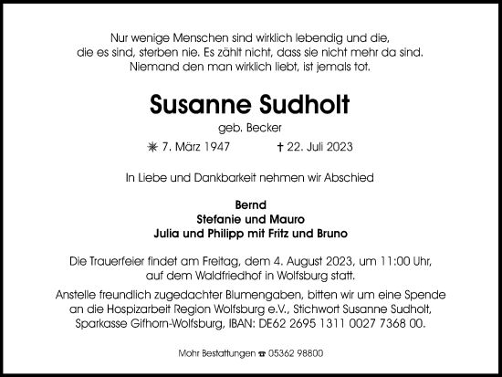 Traueranzeige von Susanne Sudholt von Wolfsburger Nachrichten