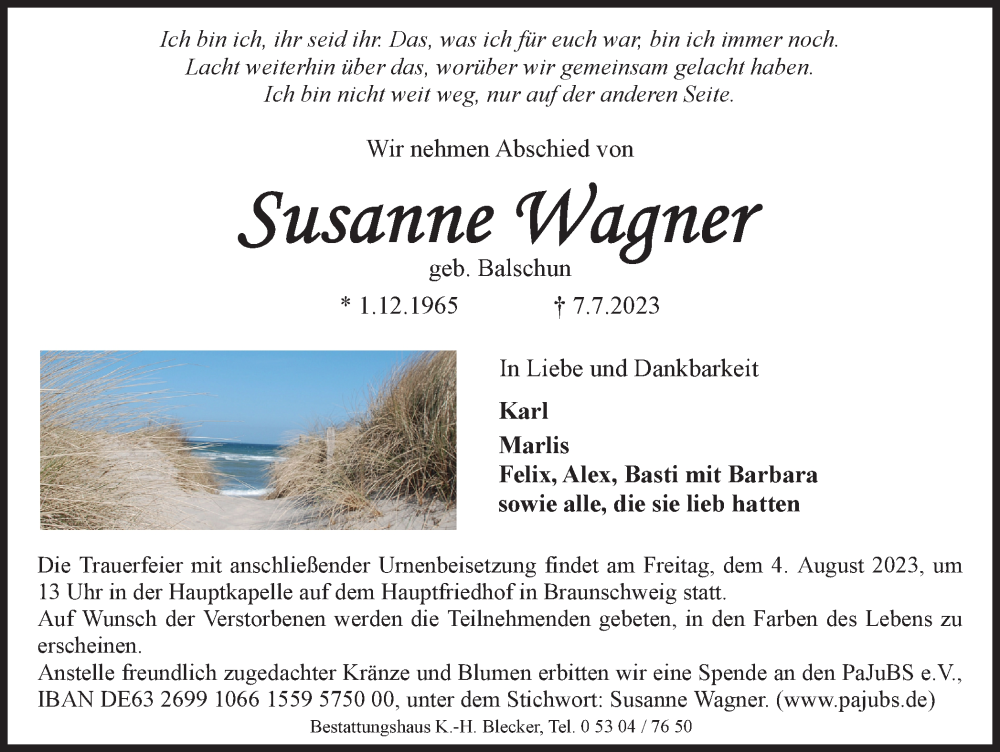  Traueranzeige für Susanne Wagner vom 15.07.2023 aus Braunschweiger Zeitung