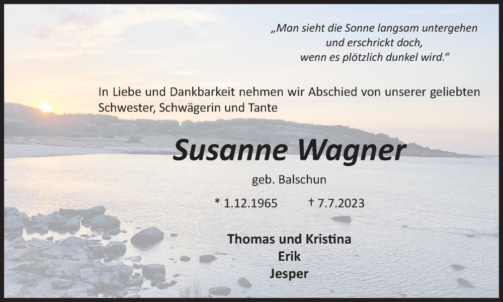  Traueranzeige für Susanne Wagner vom 15.07.2023 aus Braunschweiger Zeitung