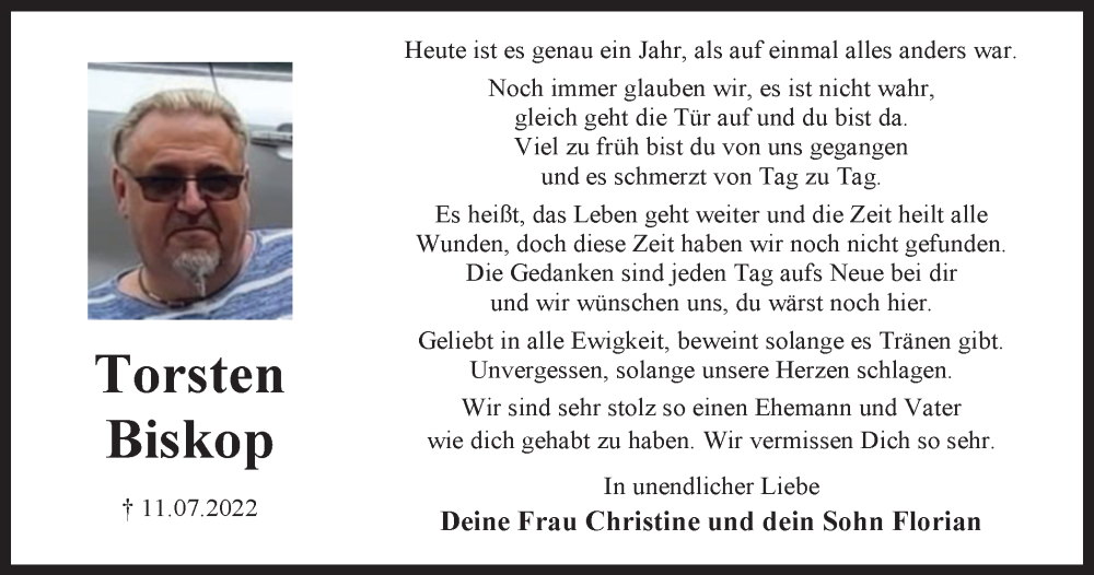  Traueranzeige für Torsten Biskop vom 11.07.2023 aus Peiner Nachrichten
