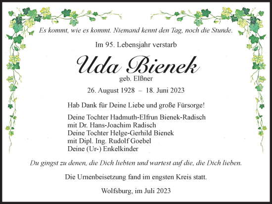 Traueranzeige von Uda Bienek von Wolfsburger Nachrichten