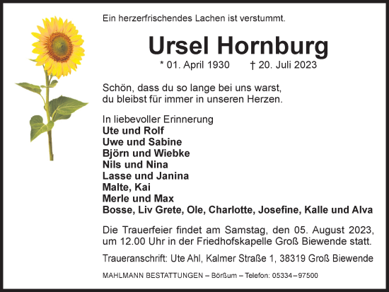 Traueranzeige von Ursel Hornburg von Braunschweiger Zeitung