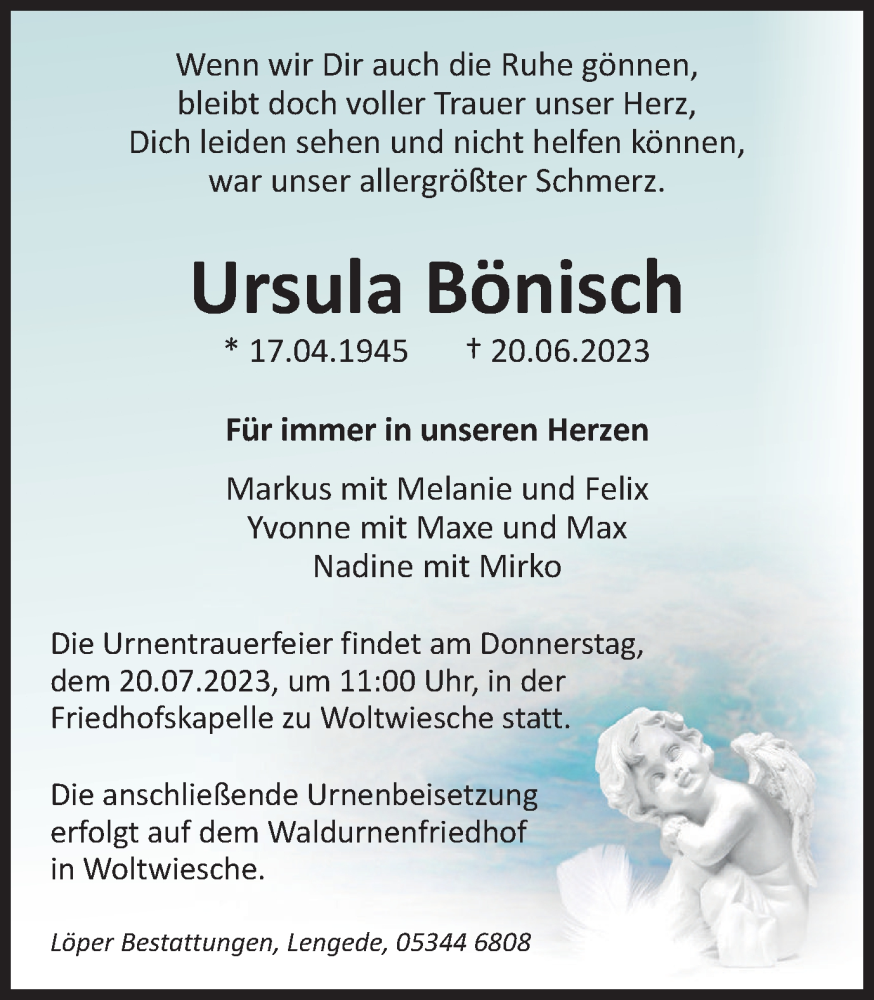  Traueranzeige für Ursula Bönisch vom 08.07.2023 aus Peiner Nachrichten