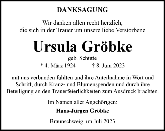 Traueranzeige von Ursula Gröbke von Braunschweiger Zeitung