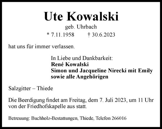 Traueranzeige von Ute Kowalski von Salzgitter-Zeitung