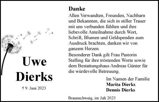 Traueranzeige von Uwe Dierks von Neue Braunschweiger am Samstag