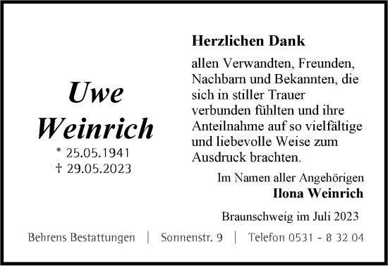 Traueranzeige von Uwe Weinrich von Braunschweiger Zeitung