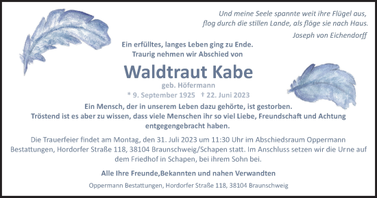 Traueranzeige von Waldtraut Kabe von Wolfsburger Nachrichten