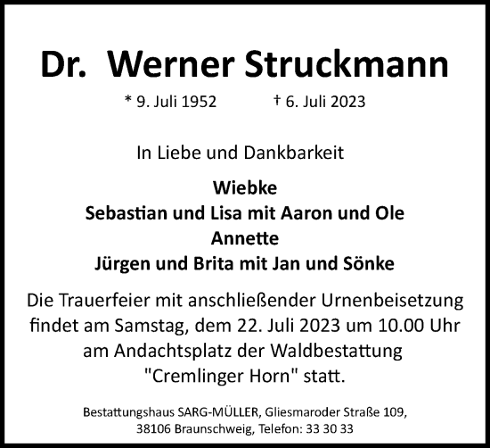 Traueranzeige von Werner Struckmann von Braunschweiger Zeitung