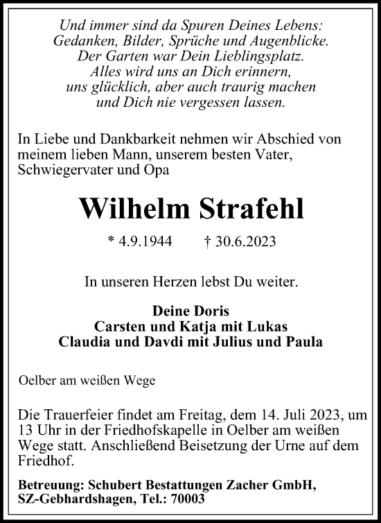 Traueranzeige von Wilhelm Strafehl von Salzgitter-Zeitung