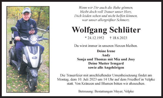 Traueranzeige von Wolfgang Schlüter von Wolfsburger Nachrichten