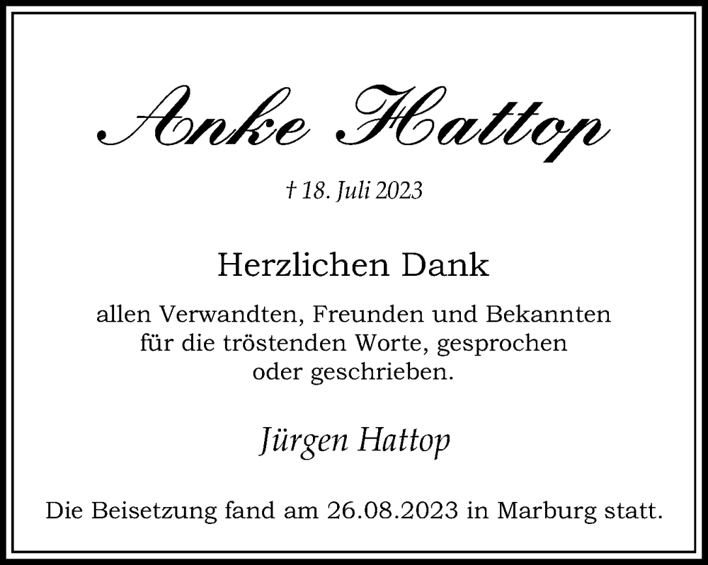  Traueranzeige für Anke Hattop vom 28.08.2023 aus Salzgitter-Zeitung
