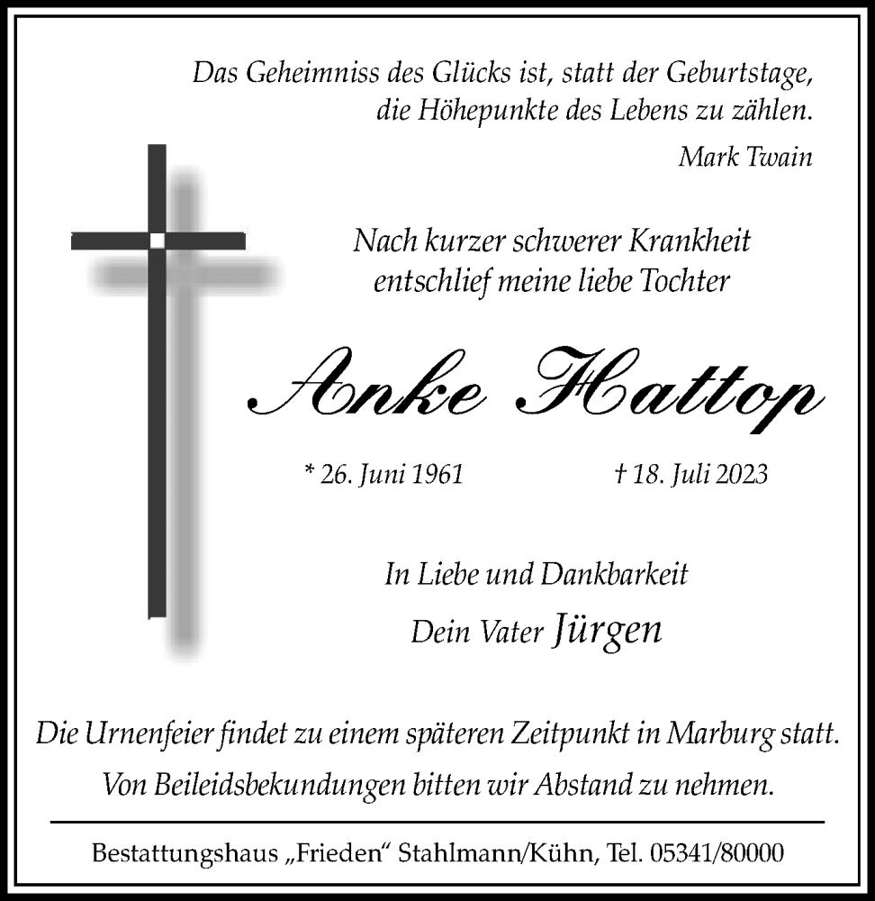  Traueranzeige für Anke Hattop vom 05.08.2023 aus Salzgitter-Zeitung