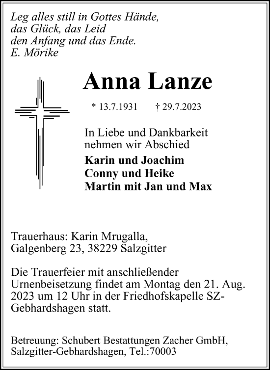 Traueranzeige von Anna Lanze von Salzgitter-Zeitung