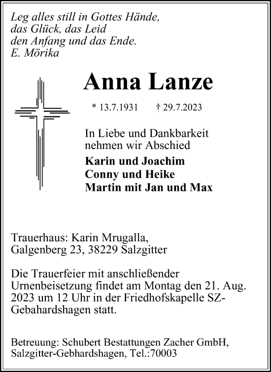 Traueranzeige von Anna Lanze von Salzgitter-Zeitung