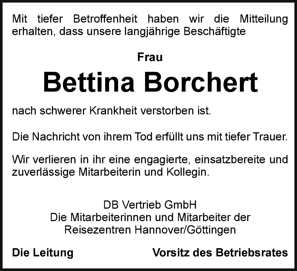  Traueranzeige für Bettina Borchert vom 30.08.2023 aus Wolfsburger Nachrichten