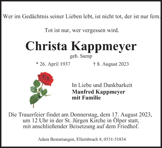 Traueranzeige von Christa Kappmeyer von Braunschweiger Zeitung