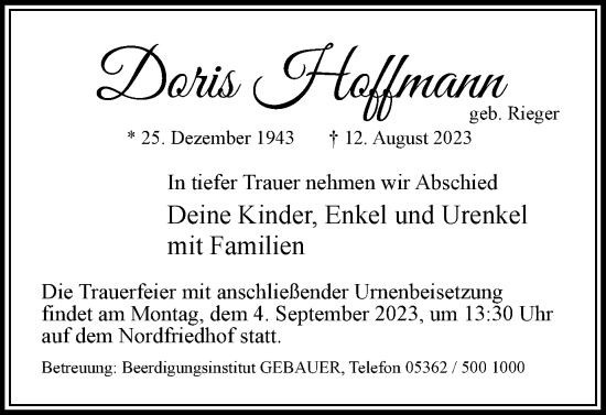 Traueranzeige von Doris Hoffmann von Wolfsburger Nachrichten