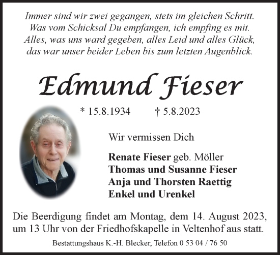 Traueranzeige von Edmund Fieser von Braunschweiger Zeitung