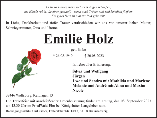 Traueranzeige von Emilie Holz von Wolfsburger Nachrichten