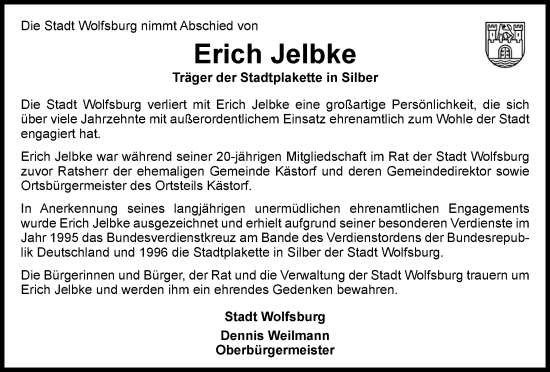 Traueranzeige von Erich Jelbke von Wolfsburger Nachrichten