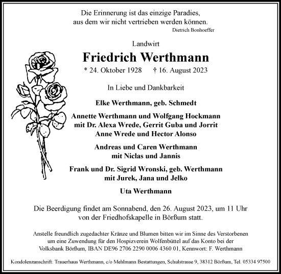 Traueranzeige von Friedrich Werthmann von Wolfenbütteler Zeitung