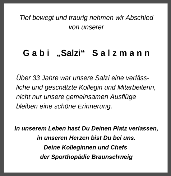 Traueranzeige von Gabi Salzmann von Braunschweiger Zeitung