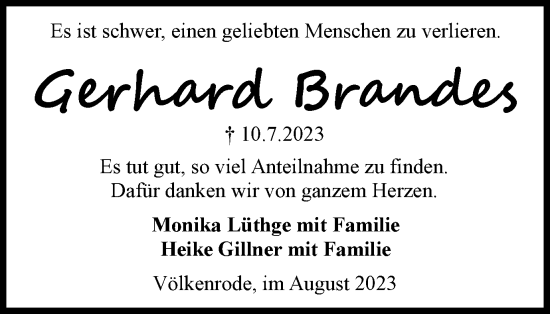 Traueranzeige von Gerhard Brandes von Braunschweiger Zeitung