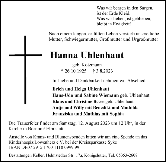 Traueranzeige von Hanna Uhlenhaut von Helmstedter Nachrichten