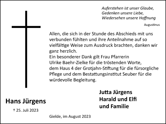 Traueranzeige von Hans Jürgens von Wolfenbütteler Zeitung