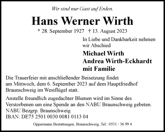 Traueranzeige von Hans Werner Wirth von Braunschweiger Zeitung