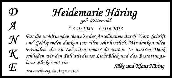 Traueranzeige von Heidemarie Häring von Braunschweiger Zeitung