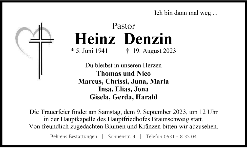  Traueranzeige für Heinz Denzin vom 26.08.2023 aus Braunschweiger Zeitung