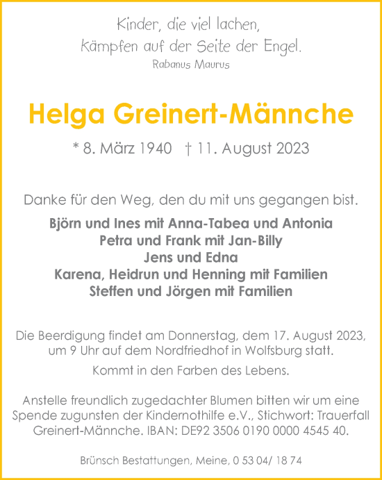 Traueranzeige von Helga Greinert-Männche von Wolfsburger Nachrichten
