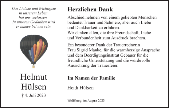 Traueranzeige von Helmut Hülsen von Wolfsburger Nachrichten