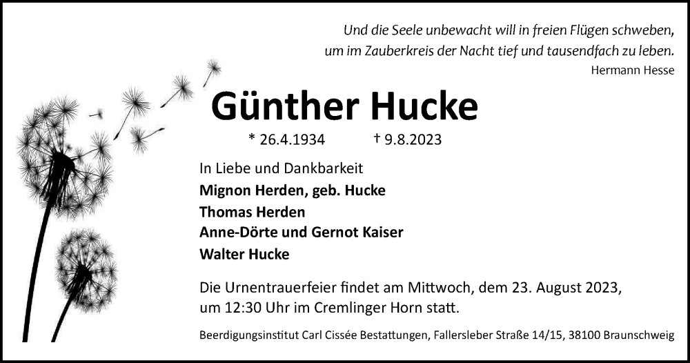  Traueranzeige für Hermann Hucke vom 19.08.2023 aus Braunschweiger Zeitung