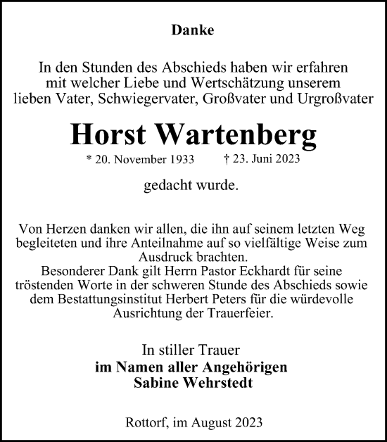 Traueranzeige von Horst Wartenberg von Helmstedter Nachrichten