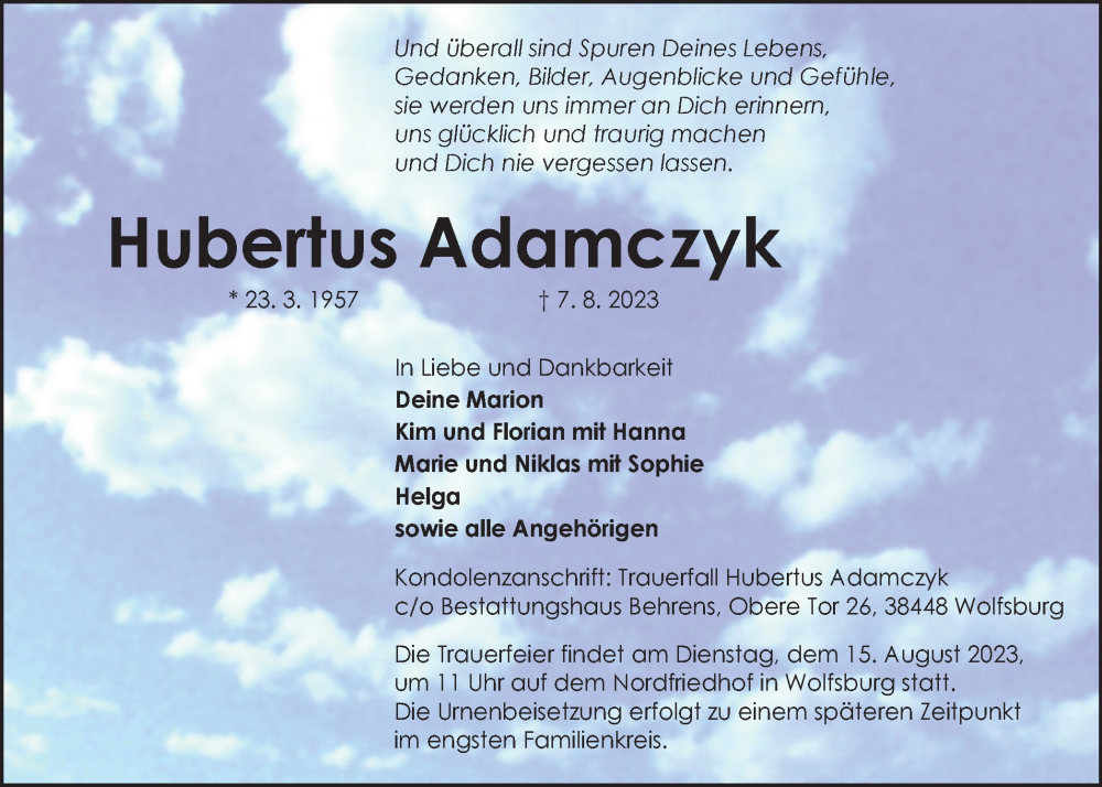  Traueranzeige für Hubertus Adamczyk vom 10.08.2023 aus Wolfsburger Nachrichten