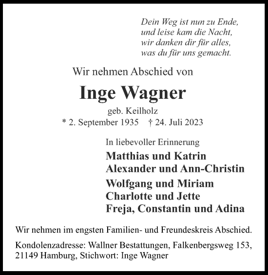 Traueranzeige von Inge Wagner von Wolfenbütteler Zeitung